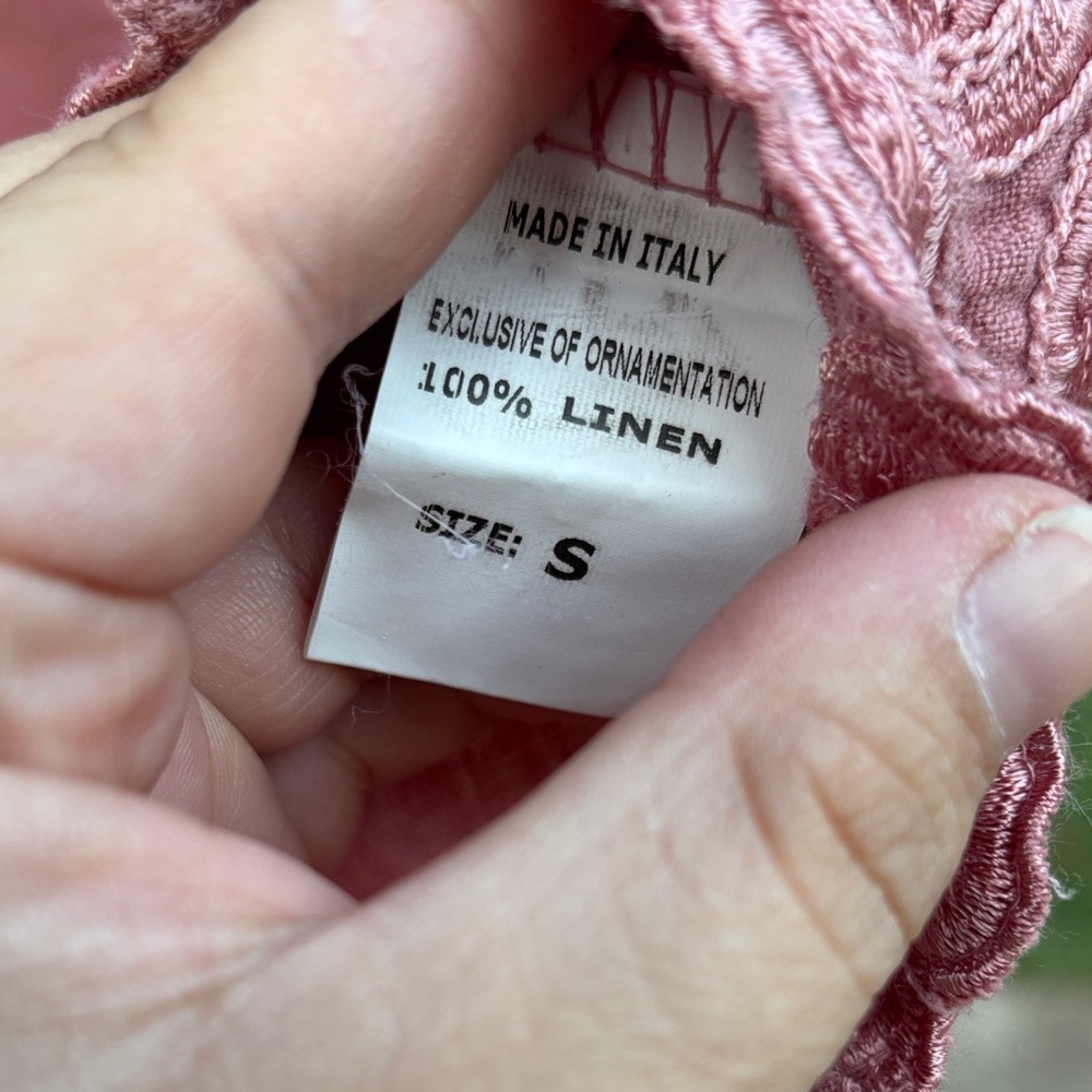 Lina Tomei Linen Top S Pink Rose Embroidered Hem Short Sleeve Boho Resort Cruise - Picture 4 of 4